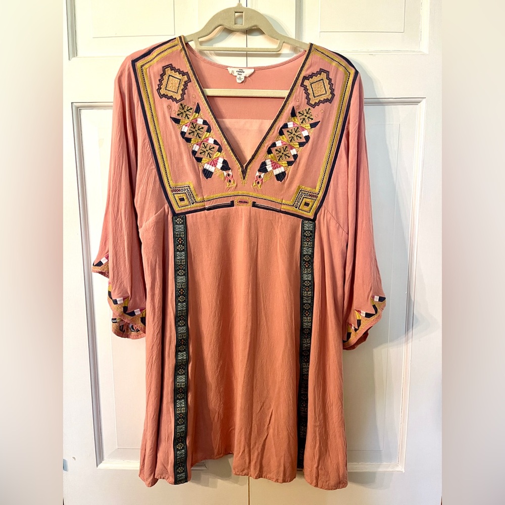 Entro Embroidered Bell Sleeve Mini Dress Ribbon‎ Detail Boho Size Large